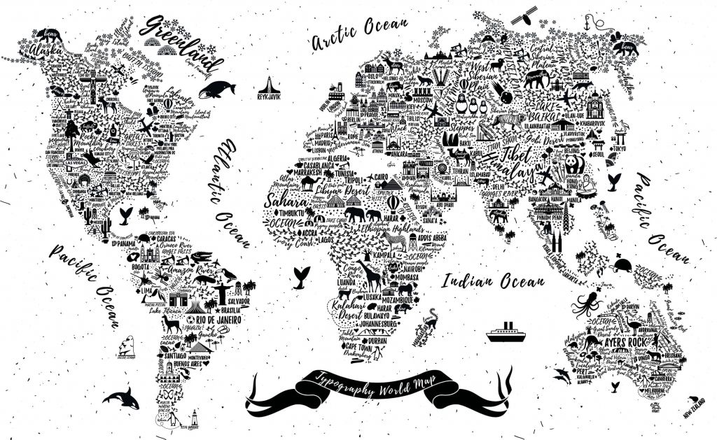 Wereldkaart in zwart-wit