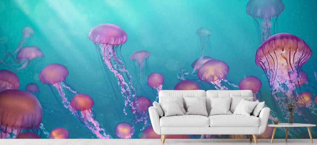 Aquatic Animals - Roze kwallen in blauwe zee - Slaapkamer 5