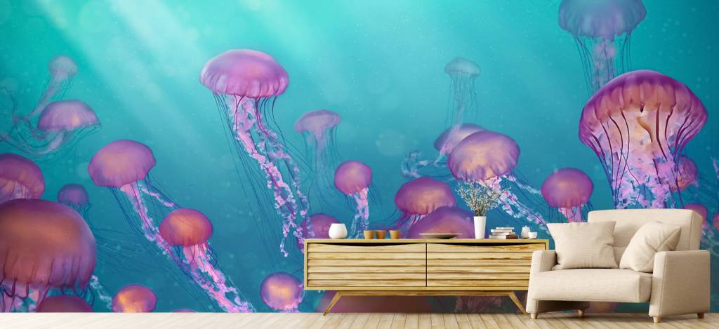 Aquatic Animals - Roze kwallen in blauwe zee - Slaapkamer 6