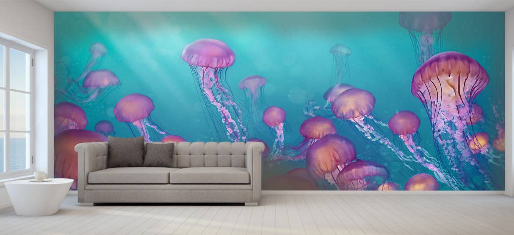 Aquatic Animals - Roze kwallen in blauwe zee - Slaapkamer 8